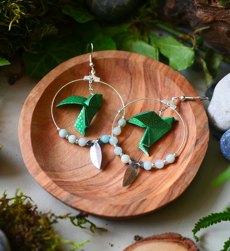 Gebetnout bijoux fantaisie lyon mode tendance bijouterie femme Annecy artisan watthanaram tikitapu origami creole miyuki colombe vert agate argent