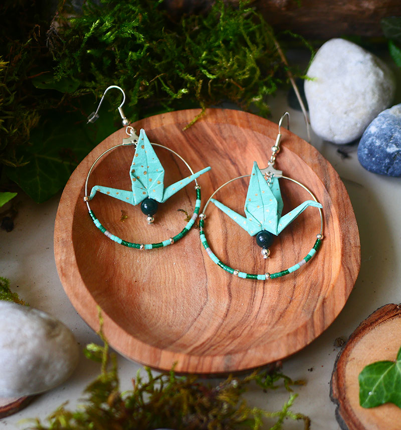 Gebetnout bijoux fantaisie lyon mode tendance bijouterie femme Annecy artisan watthanaram tikitapu origami creole miyuki grue turquoise argent