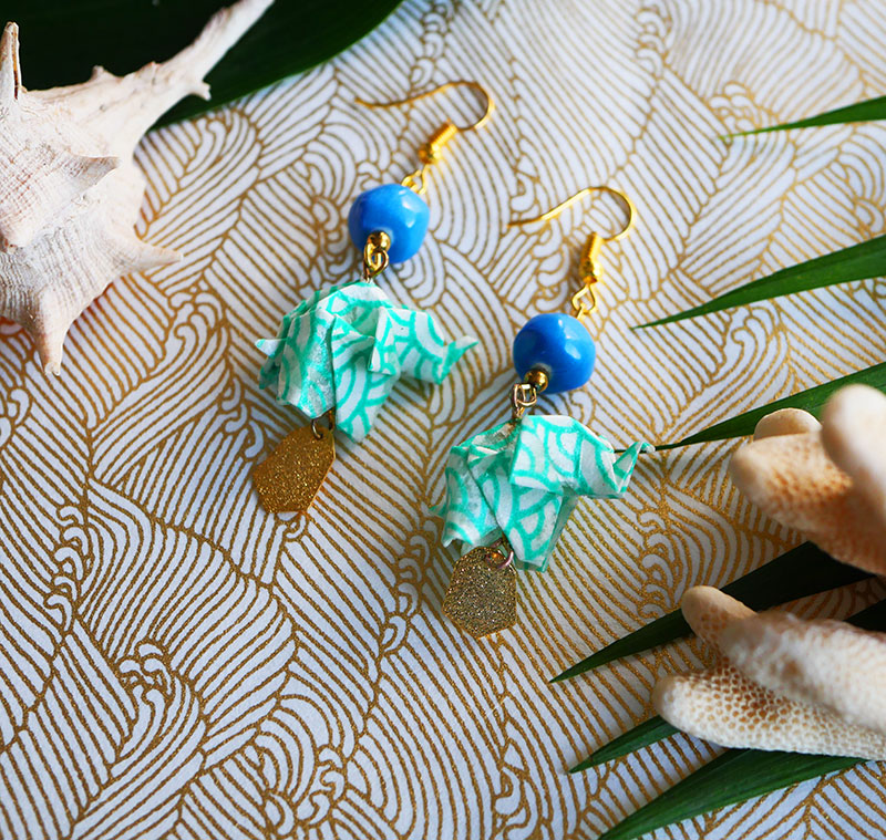 Gebetnout bijoux fantaisie lyon mode tendance bijouterie femme Annecy artisan Opunohu origami elephant bleu turquoise dore