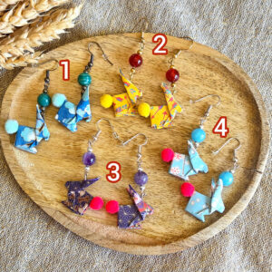 Boucles d'oreilles origami lapin en papier japonais washi, pierre naturelle et acier inoxydable