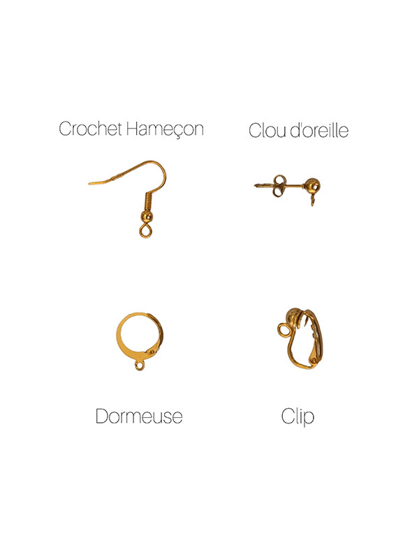 Différents types d'attache boucle d'oreille pendante : crochet hameçon, clou d'oreilles, dormeuse, clip