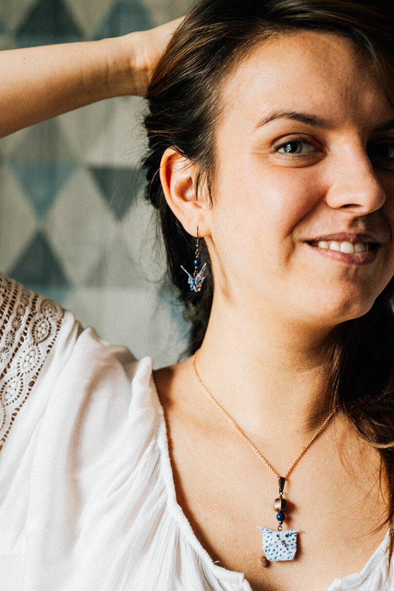 Bijou éthique boucles d'oreilles origami grue et collier origami hibou