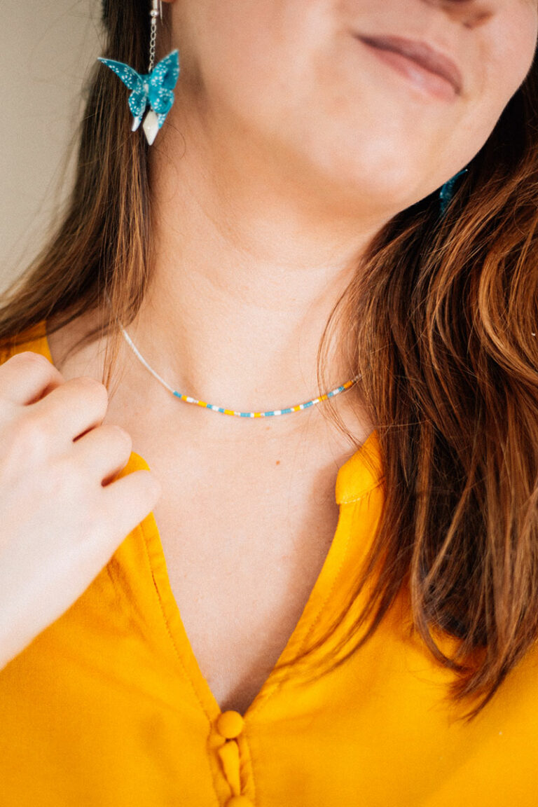 Bijou éthique boucles d'oreilles origami papillon turquoise et collier ras du cou en perles miyuki